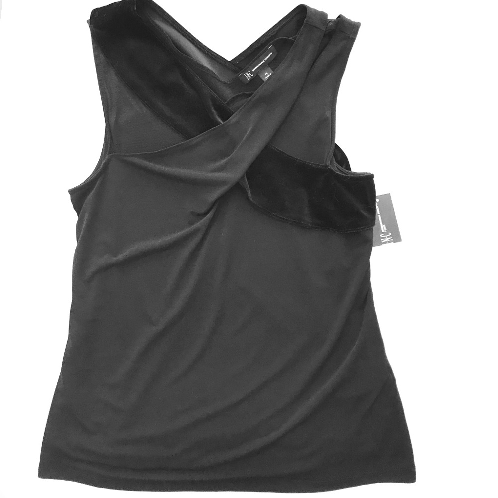 INC PL black sleeveless top w/velvet & mesh detail